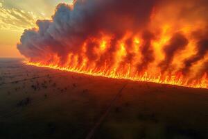 Vast Wildfire Consuming Prairie Landscape at Sunset for Environmental Impact and Awareness photo