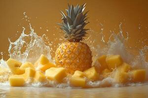 Vibrant Pineapple and Splashing Water with Fresh Pineapple Chunks for Summer Design photo