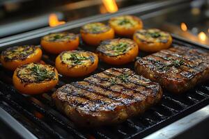 Grilled Steaks and Orange Slices with Herbs on Barbecue Grill photo