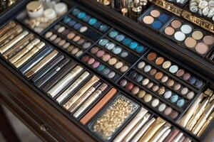 Organized Makeup Collection with Eyeshadows, Lipsticks, and Brushes in Elegant Display for Beauty Enthusiasts photo
