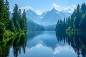 Tranquil Mountain Lake with Pine Trees and Scenic Peaks for Nature Artwork photo