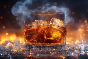 Cold Refreshment in a Smoky Setting with Ice Cubes and Orange Tones for Beverage Advertisements photo
