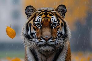 Majestic Tiger in Autumn Rain with Falling Leaf - Wildlife Photography photo