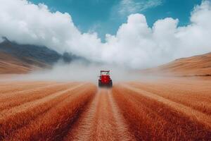 Tractor in Vast Wheat Field with Majestic Sky for Agriculture and Farm Life Design photo