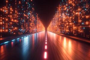 Futuristic Neon Light Tunnel with Vibrant Abstract Digital Patterns for Technology Design photo