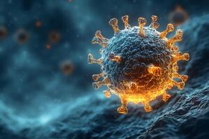 Microscopic View of a Coronavirus Particle with Spiky Protein Structures in a Fluid Environment photo