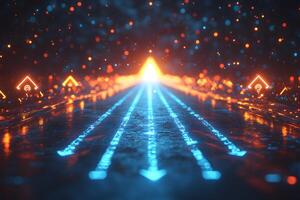 Futuristic Technology Pathway with Glowing Arrows and Digital Elements photo