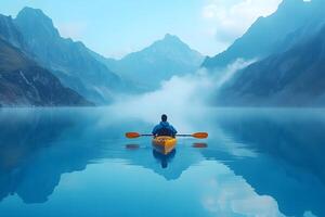 Serene Kayaking Adventure in Misty Mountain Lake for Outdoor Exploration and Tranquility photo