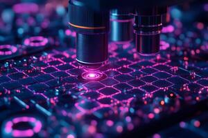 Futuristic Quantum Computing Circuit Board Under Microscope photo