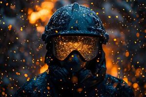Futuristic Firefighter Gear in Action Amidst Embers for Emergency Response Design photo
