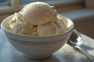 Creamy Vanilla Ice Cream in Sunlit Bowl Ideal for Summer Indulgence and Dessert Promotions photo