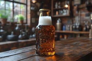 Rustic Craft Beer in Embossed Bottle on Wooden Table with Warm Ambient Lighting photo