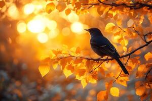 Autumn Bird Perched on Branch Amidst Glowing Sunset Bokeh for Nature Design photo