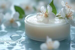 Natural Skincare Cream with Jasmine Blossoms on Water Droplets for Spa and Beauty photo