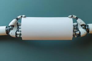 Futuristic Technology Concept with Robotic Hands Holding Blank Paper for Design or Communication photo