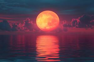 Dramatic Red Moonrise Over Ocean with Reflective Waters for Atmospheric Design photo