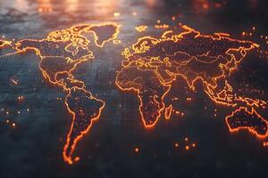 Illuminated World Map in Futuristic Digital Design for Technological Concepts photo