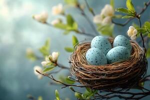 Springtime Nest with Robin's Egg Blue Eggs on Blooming Branch - Nature Concept for Easter and Renewal photo