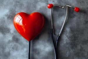 Heart Health Concept with Red Heart and Stethoscope on Textured Background photo