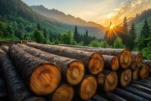 Sunset Over Mountain Landscape with Timber Logs in Forest Setting photo