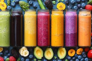 Colorful Array of Fresh Fruit Smoothies with Assorted Fruits for a Vibrant Breakfast Spread photo