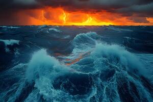 Dramatic Stormy Ocean at Sunset with Striking Lightning and Turbulent Waves photo