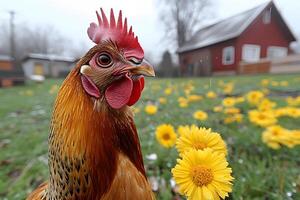 Close-up of a Rooster in Spring Meadow with Yellow Flowers Near Rustic Red Barn photo