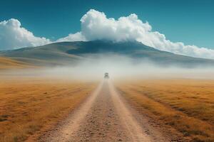 Scenic Journey Tractor on Dusty Path through Vast Grasslands under Majestic Cloudy Sky photo