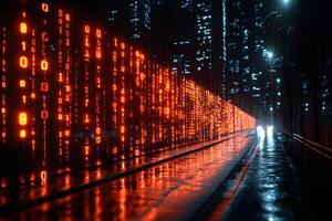 Futuristic Cyberpunk Cityscape with Digital Binary Code and Neon Lights photo