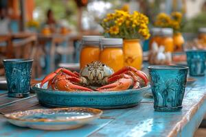 Coastal Dining Scene with Fresh Crab and Colorful Table Decor photo