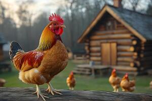 Rustic Farm Scene with Rooster and Chickens in Serene Countryside Setting photo
