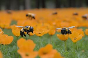 Realistic Robotic Bees Pollinating Vibrant Orange Poppy Field - Nature and Technology Fusion photo