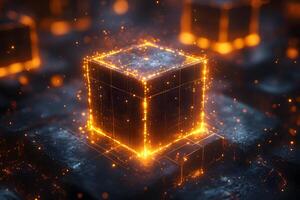 Futuristic Glowing Cube with Digital Sparks for Technology Design Concepts photo