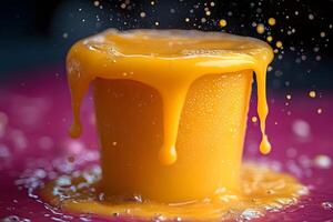 Vibrant Orange Liquid Splash in Motion on a Pink Surface photo