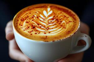Artistic Latte with Leaf Pattern in Cozy Cafe Setting for Print or Poster Design photo