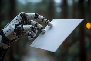 Futuristic Robotic Hand Holding Paper in Forest Setting Concept of Technology and Nature Integration photo