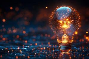 Technology Concept with Glowing Light Bulb and Digital Network Background photo