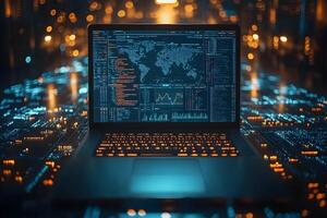 Futuristic Cybersecurity and Data Analysis on Laptop in High-Tech Environment photo