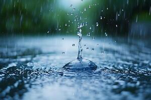 Dramatic Raindrop Splash in Puddle - Nature's Intensity and Motion in Rainy Weather photo