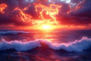 Dramatic Ocean Sunset with Vibrant Clouds and Waves for Inspirational Prints photo