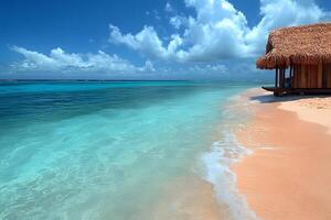 Tropical Beach Paradise with Crystal Clear Waters and Thatched Hut for Perfect Relaxation photo