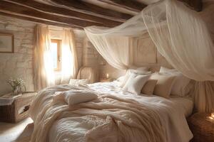 Cozy Rustic Bedroom with Canopy Bed and Natural Light for Tranquil Retreat photo