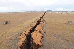 Vast Desert Landscape with Dramatic Earth Fissure and Distant Mountains photo
