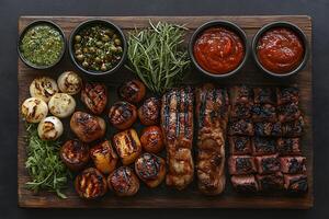 Grilled Steak and Vegetables Platter with Assorted Sauces for Culinary Presentation photo