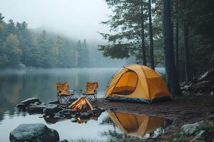 Tranquil Camping by Misty Lake with Autumn Forest Reflections photo