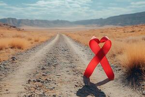Red Ribbon Heart in Vast Desert Landscape for Symbolism of Hope and Awareness photo