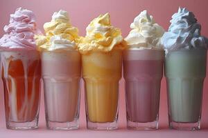 Colorful Milkshake Lineup with Whipped Cream Toppings on Pink Background photo