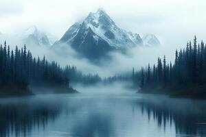 Mystical Mountain Landscape with Misty Pines and Calm Reflections photo