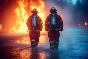 Heroic Firefighters Battling Flames in Intense Scene for Emergency Response photo