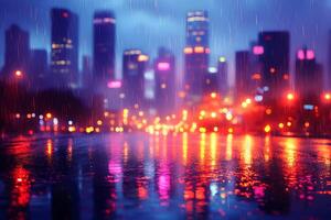 Vibrant Cityscape in the Rain with Colorful Reflections at Night Urban Abstract Photography photo